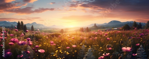 Wildflowers in a beautiful meadow landscape at golden hour