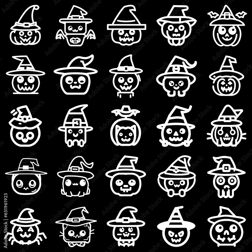 Halloween cute icon by white line icon with black background that is unique before. Halloween Doodle Draw Horror Graphic Elements Art. Halloween cute icon by white line icon with black background that is unique before. Halloween Doodle Draw Horror Graphic Elements Art.