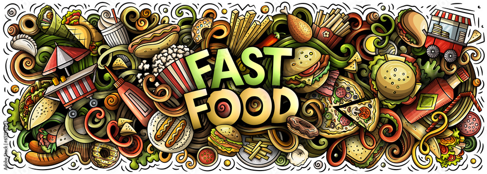 Fototapeta premium Fastfood detailed lettering cartoon illustration