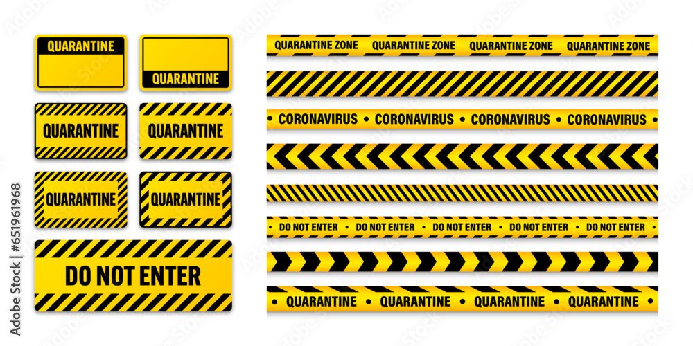 Various quarantine zone warning tapes and shields. Novel coronavirus outbreak. Global lockdown. Coronavirus danger stripe. Police caution line, restricted area. Construction tape. Vector illustration - obrazy, fototapety, plakaty 