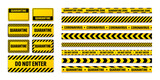 Various quarantine zone warning tapes and shields. Novel coronavirus outbreak. Global lockdown. Coronavirus danger stripe. Police caution line, restricted area. Construction tape. Vector illustration