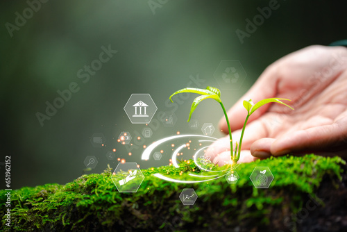 ESG icon concept circulating in the hands, Environmental, Society and Governance. It is an idea for sustainable organizational development. ​account the environment, society and corporate governance