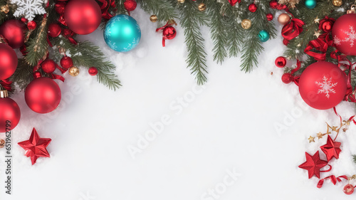 New Year's background with white snow and New Year's balls with Christmas tree branches with place for text, made by Ai