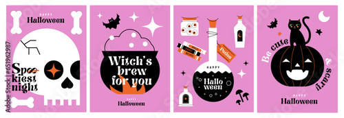 Happy Halloween. Set of cute Vector flat cartoon cards with black cat, bat, pumpkin, skull, potions, witch's cauldron and Halloween wishes. Trendy flat design for ads, greetings, banner, poster, cover