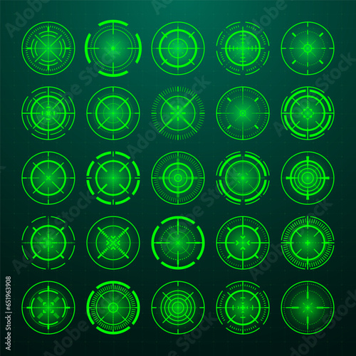 Crosshair, gun sight vector icons. Bullseye, black target or aim symbol. Military rifle scope, shooting mark sign. Targeting, aiming for a shot. Archery, hunting and sports shooting. Game UI element.