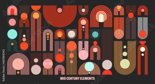 Mid century arch and circle elements, modern geometric shapes. Contemporary design, minimalist art. Trendy design elements for wall decor, posters, books, covers and flyers. Vector illustration