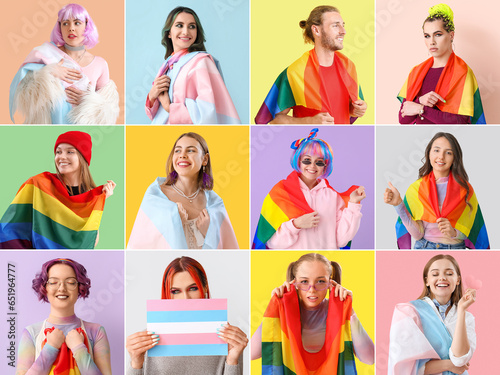 Collection of different people with LGBT flags on color background