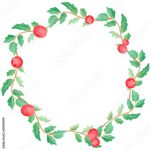 Watercolor Christmas red holly berry circle wreath