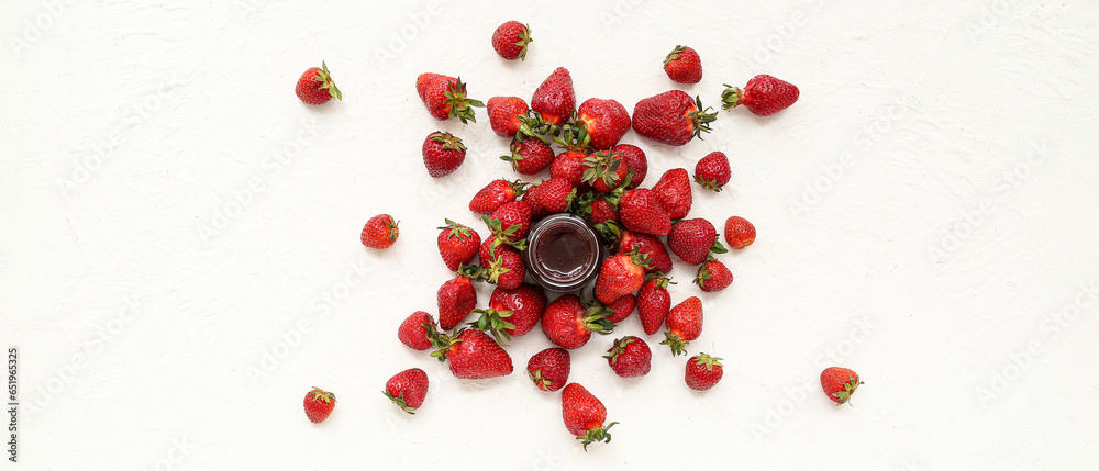 Jar of sweet strawberry jam and fresh berries on white background, top view Jar of sweet strawberry jam and fresh berries on white background, top view
