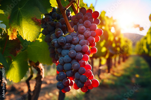 Beautiful landscape of grape field growing for wine. Evening sunset scenery with wineyard rows. AI Generative
