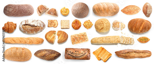 Set of fresh bakery products on white background