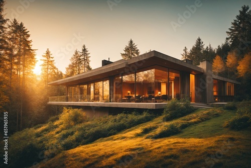 beautiful modern architecture home in a forest lands. ai generative