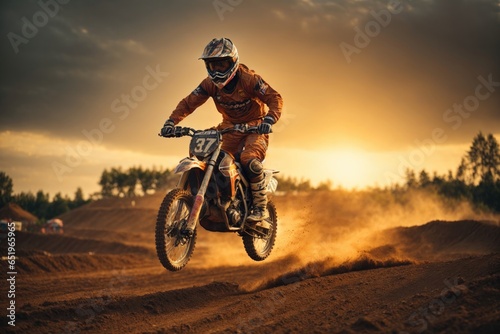 Extreme motocross MX. Rider jump on dirt track wide. ai generative