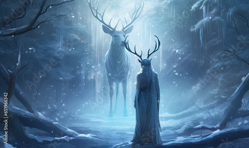 deer and person with antlers, fantasy pagan winter solstice.