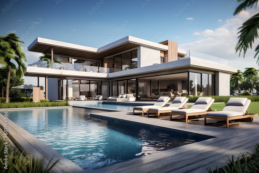 Fototapeta premium Exterior of a modern villa with a large swimming pool among palm trees.
