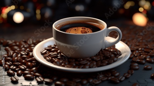 black coffee in a cup surrounded by coffee beans ultr.Generative AI