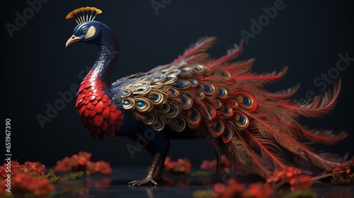 black red peacock 3d scan detailed houdini render real.Generative AI © sudipdesign