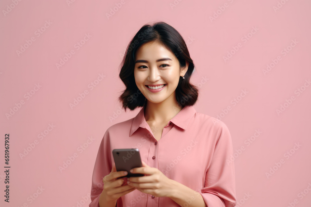 Youthful Asian Woman in Pink Shirt Holds Smartphone with Vibrant Energy - Modern Lifestyle and Connectivity Concept Youthful Asian Woman in Pink Shirt Holds Smartphone with Vibrant Energy - Modern Lifestyle and Connectivity Concept