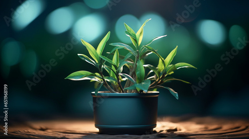 plant pot with strange dense leaves shining in light  blurry night background