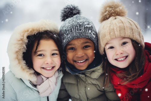 Group of diverse happy multi-ethnic children playing in snow and having fun outdoors in winter time