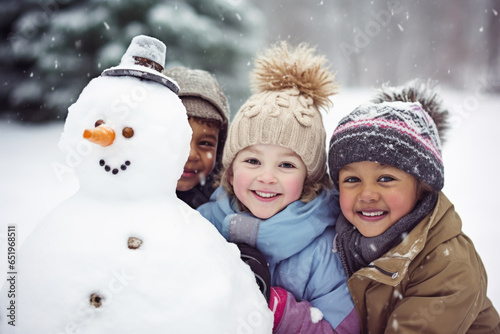 Group of diverse happy multi-ethnic children making snowman and having fun outdoors in snow, winter time