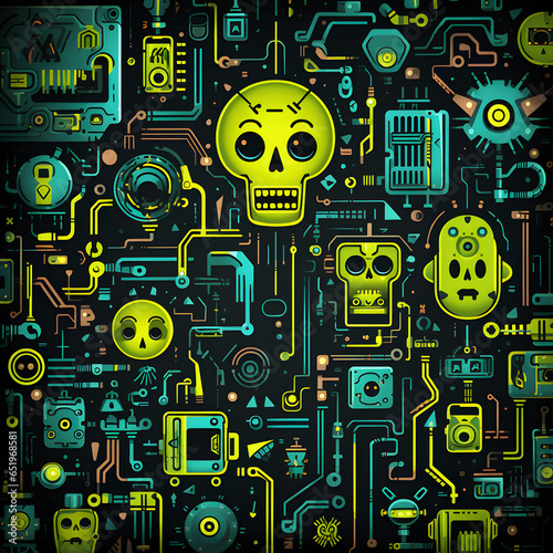cyberpunk Halloween seamless pattern with ghost  code  chip  tech  electronic  motherboard pattern