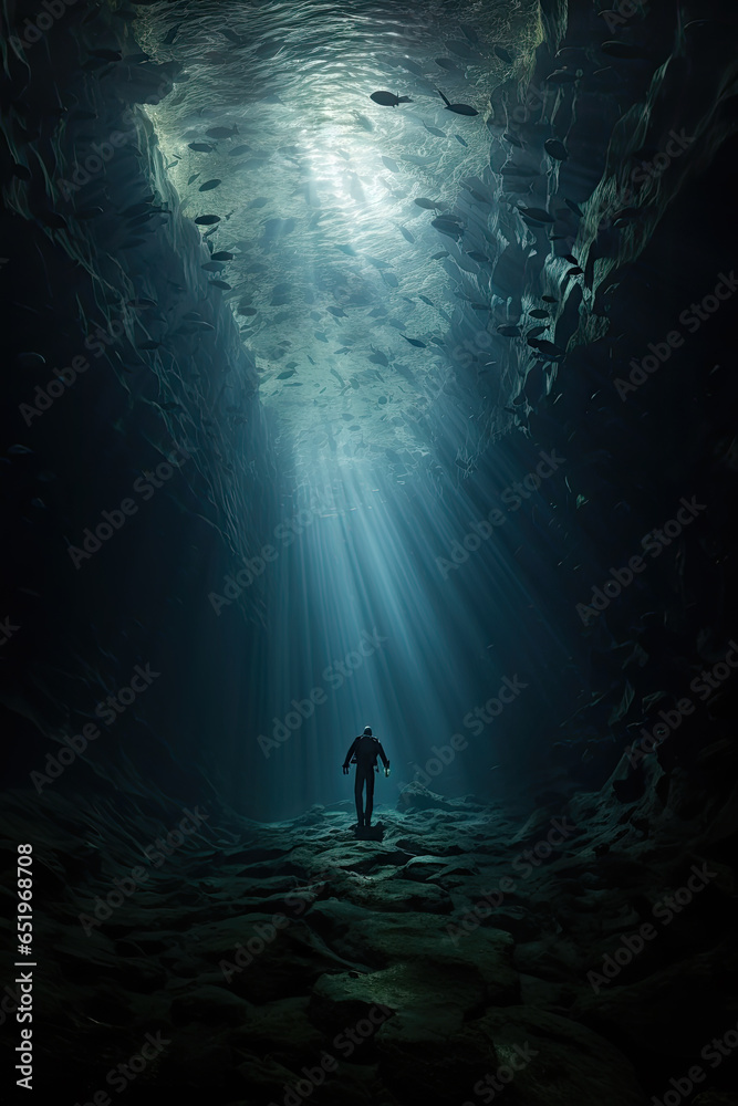 Man in underwater cave with light rays coming out of the hole.