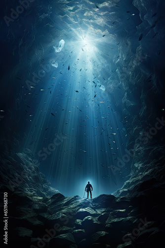 Man in deep blue sea with light rays coming out of the hole