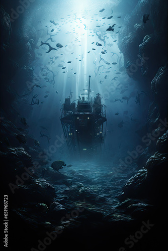 Underwater view of the sunken ship in the deep blue sea