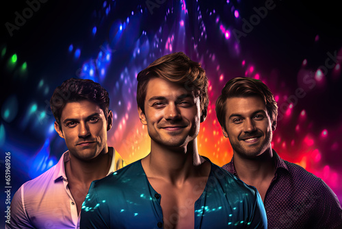 Portrait of three handsome young men in elegant shirts against glowing background