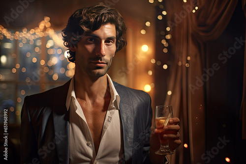 Portrait of a handsome man with a glass of champagne. Men's beauty, fashion.