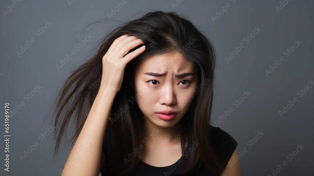Asian woman very sad and upset looking at damaged hair, hair loss, hair thinning problem, vitamin deficiency, baldness, postpartum, biotin, zinc, menstrual or endocrine disorders, hormonal imbalance. Asian woman very sad and upset looking at damaged hair, hair loss, hair thinning problem, vitamin deficiency, baldness, postpartum, biotin, zinc, menstrual or endocrine disorders, hormonal imbalance.