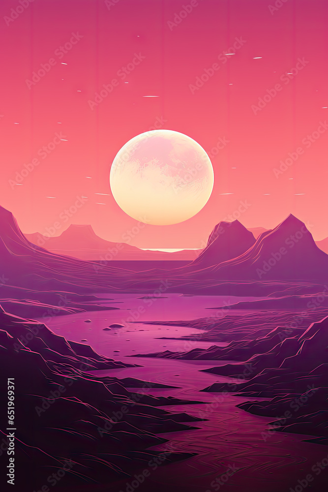 Fantasy alien planet. Mountain and sunset. illustration