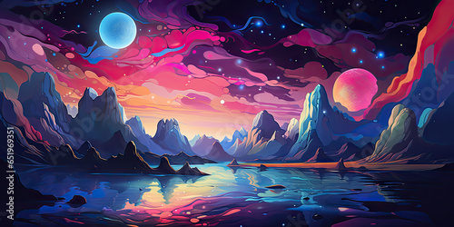 Fantasy landscape with mountains, lake and moon. illustration.