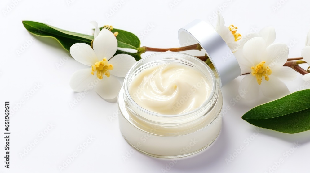 whitening and moisturizing Face cream in an open glass jar and flowers on white background. Set for spa, skin care and body products and solutions for skin problems such as scars, acne, wrinkles. whitening and moisturizing Face cream in an open glass jar and flowers on white background. Set for spa, skin care and body products and solutions for skin problems such as scars, acne, wrinkles.