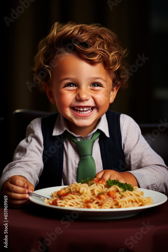 Young child enjoying pasta dinner at Italian restaurant isolated on a gradient background 