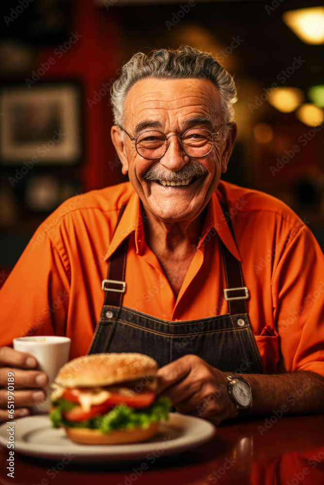 Elderly man enjoying burger at retro diner background with empty space for text Elderly man enjoying burger at retro diner background with empty space for text