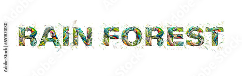 Rain Forest lettering text illustration with with parrots and lush vegetation, on white background.