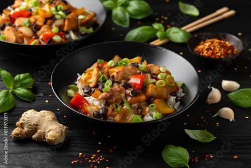 Stir fry Chicken with Black Bean, vegetables and rice