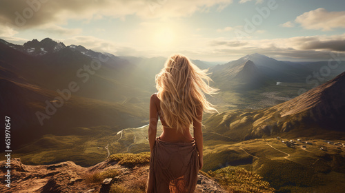 Young woman with blonde hair standing on a mountaintop, overlooking a breathtaking valley below