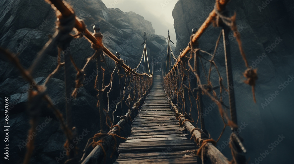 suspension bridge road between high cliffs, with generative ai - obrazy, fototapety, plakaty 