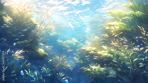 a painting of an underwater scene with fishes, whale, seahorse or ocean art anime wallpaper, animate art