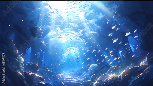 a painting of an underwater scene with fishes, whale, seahorse or ocean art anime wallpaper, animate art © wing