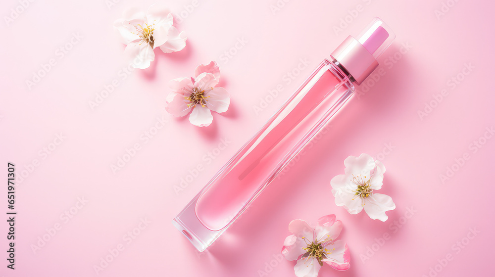 Top view on Lipgloss glass bottle isolated on flat pastel pink background with copy space. Top view on Lipgloss glass bottle isolated on flat pastel pink background with copy space.