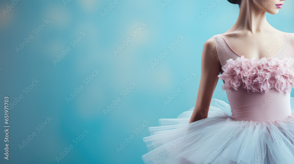 Young dancer ballerina in ballet puffy tutu, copy space, ballet school banner template. Young dancer ballerina in ballet puffy tutu, copy space, ballet school banner template.