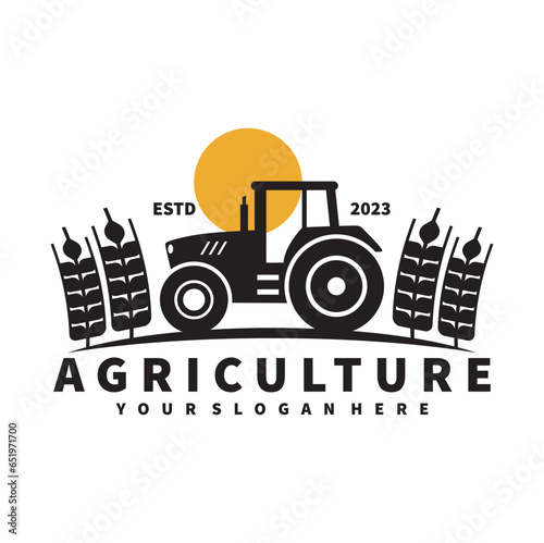 tractor logo for agriculture  agronomy  wheat farming  rural farming fields  natural harvest. farm tractor vector design