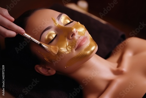 Hands applying gold facial mask photo