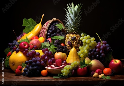 many different fruits and vegetables on a table, fruits and vegetables in basket