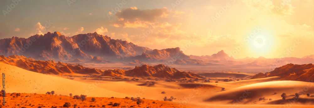 Fantasy arid desertic landscape under the harsh sunlight. Banner format.