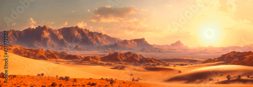 Fantasy arid desertic landscape under the harsh sunlight. Banner format.